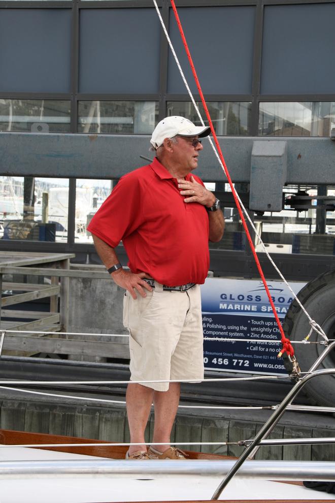 Chris Bouzaid makes his launch speech from the foredeck of Rainbow II © Alan Sefton